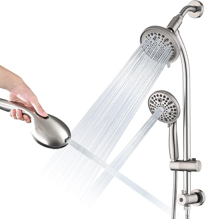 Rainfall Shower Head with Handheld Shower Spray, with 26" Drill Free Adjustable Height Slider Bar, High Pressure Dual Shower Head Combo, 3-Way Diverter for Easy Reach, 5Ft Hose-Brushed Nickel