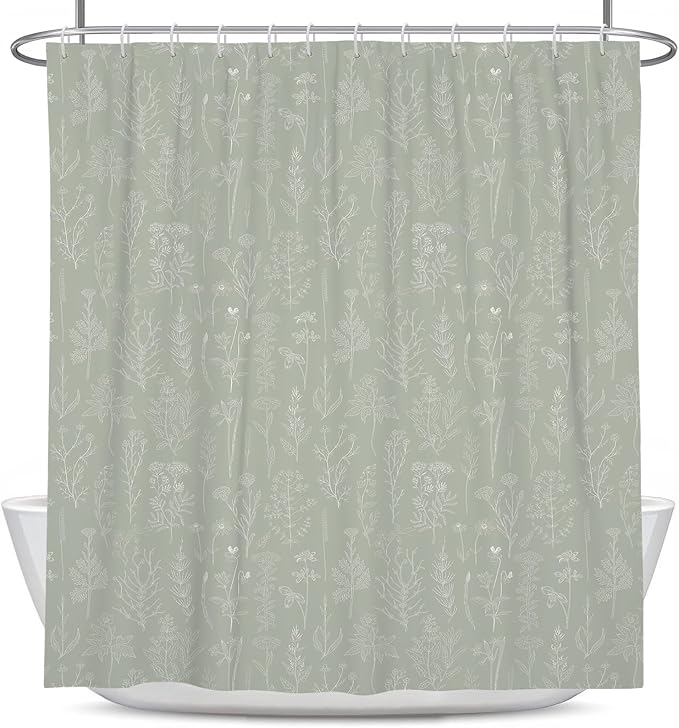 Coxila Vintage Floral Shower Curtain Green Flower Retro Spring Botanical Plants Country Cute Boho Rustic Farmhouse Wildflower Aesthetic Bathroom 60 x 72 Inch Polyester Fabric 12 Pack Hooks