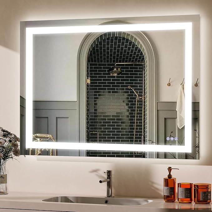 VooBang LED Bathroom Mirror 32 x 40 inches - 3 Adjustable Lighting Modes Lighted Smart Bathroom Vanity Mirror, Anti-Fog, Memory Function, Tempered Glass, Wall Mounted Horizontally Vertically