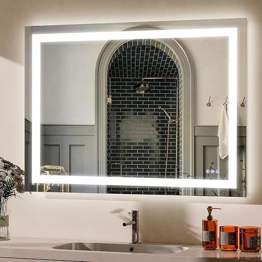 VooBang LED Bathroom Mirror 32 x 40 inches - 3 Adjustable Lighting Modes Lighted Smart Bathroom Vanity Mirror, Anti-Fog, Memory Function, Tempered Glass, Wall Mounted Horizontally Vertically
