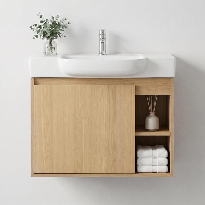 28" Bathroom Vanity with Sink, Wall-Mounted Cabinet, Light Oak | Ceramic Sink, Soft-Close Door & 2 Open Storage Shelves, Modern Farmhouse Sink Cabinet, Easy to Clean for Small Bathroom