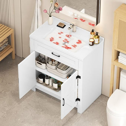 32" Farmhouse Bathroom Vanity with Ceramic Sink, 2 Barn Door Design, Freestanding Storage Cabinet, Actual 31.5" L x 18.5" W x 35.4" H, White