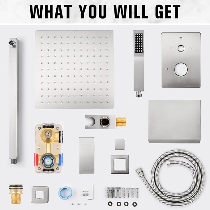 10 Inch Rainfall Shower System with Tub Spout - Wall Mounted Complete Combo with Solid Brass Pressure Balancing Valve, High Pressure Shower Head, Handle Set & Installation Accessories Brushed Nickel