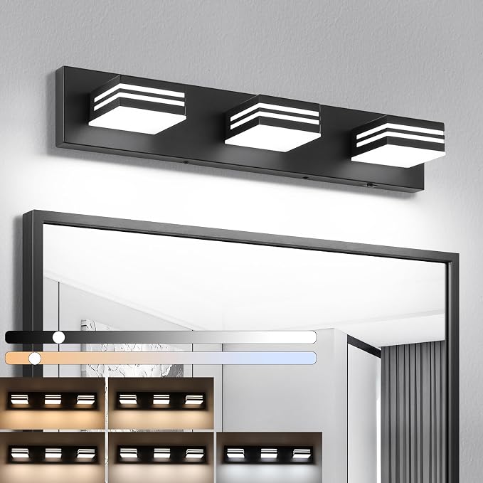 LED Modern Bathroom Vanity Light Fixtures (3-Light, 24-Inch)(5CCT, Dimmable), Matte Black Modern Bathroom Wall Lighting Fixtures Over Mirror (3000K/3500K/4000K/5000K/6000K)