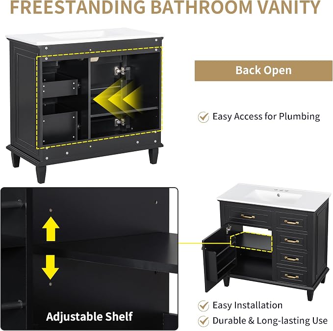 36" Bathroom Vanity with Ceramic Sink Top, Soft-Close Door & Flip Drawers, Freestanding Storage Cabinet W/Adjustable Shelf, Solid Wood Frame for Bathrooms, Powder Room, Guest Bath,Black