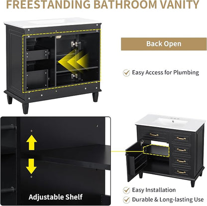 36" Bathroom Vanity with Ceramic Sink Top, Soft-Close Door & Flip Drawers, Freestanding Storage Cabinet W/Adjustable Shelf, Solid Wood Frame for Bathrooms, Powder Room, Guest Bath,Black