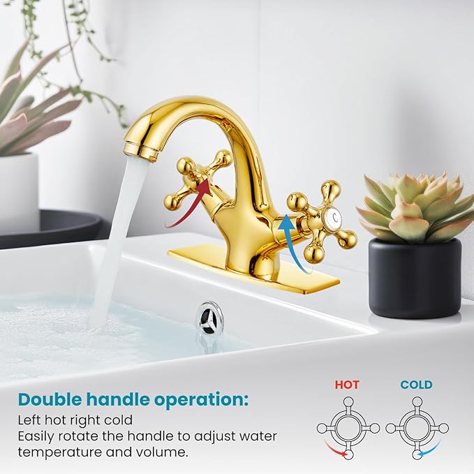gotonovo Bathroom Sink Faucet Single Hole Double Cross Handle Knobs Lavatory Vessel Sink Mixer Tap Bathroom Faucet with Pop up Drain and Deck Cover Plate Polish Gold