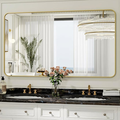 Easly 30 x 48 Inch Bathroom Mirror, Rounded Rectangular Vanity Mirror for Wall, Modern Mirror for Room Decor, Gold Framed Wall-Mounted Mirrors for Home Decor, Hangs Horizontally or Vertically