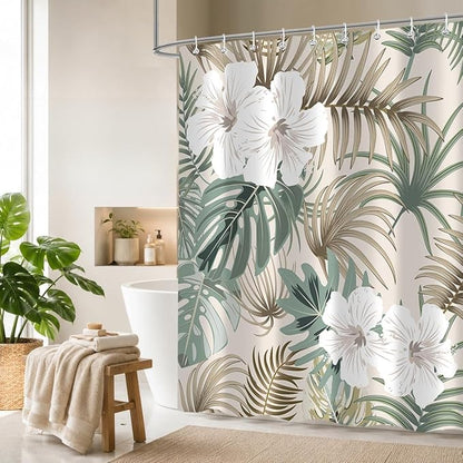 Tropical Shower Curtain for Bathroom, Green Palm Tree Flower Plant Boho Leaf Banana Monstera Sage Beige Shower Curtains Set, Fabric Bathroom Accessories with Hooks 72x84 Inch