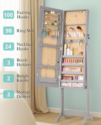 LUXFURNI Standing Jewelry Armoire Cabinet with Full‑Length Mirror Storage | 3‑Color LED Lights, 3 Brush Holders, 3 Adjustable Tilt Angles, True‑to‑View Glass, USB‑Powered Supply, Lockable Design
