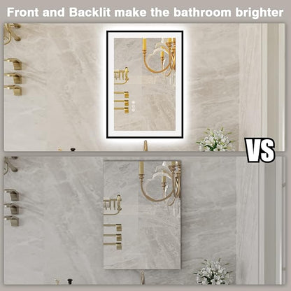 EchosLife 20x28 LED Bathroom Mirrors for Wall - Black Aluminum Framed | Black Frame, Front and Backlit, Anti-Fog, Stepless Dimmable, 3 Colors, Memory, Tempered Glass, UL Listed, Horizontal/Vertical