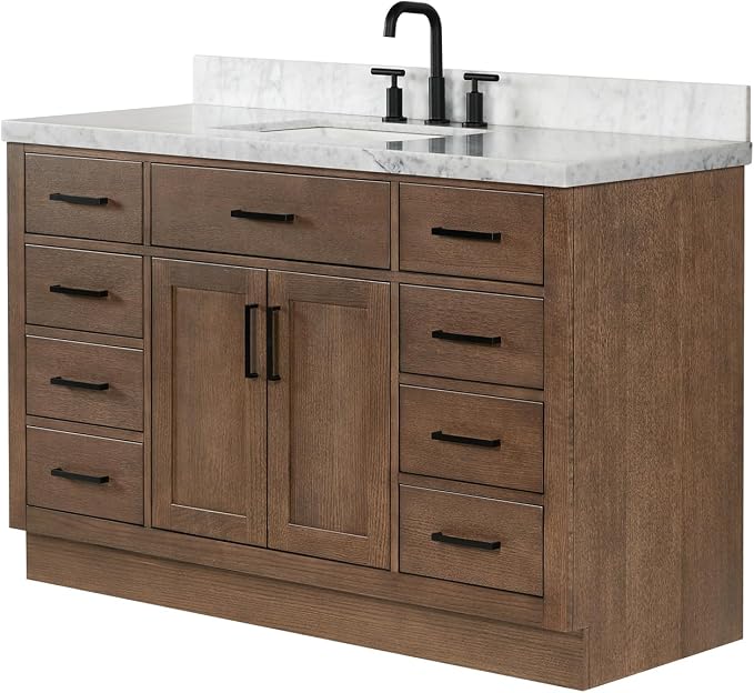 DKB Isabella 54-Inch Brown Oak Single Bathroom Vanity with Sink, 1.5-Inch Edge Italian Carrara Marble Countertop & 4" Backsplash, Soft-Closing Doors & Drawers, Solid Oak Wood Construction