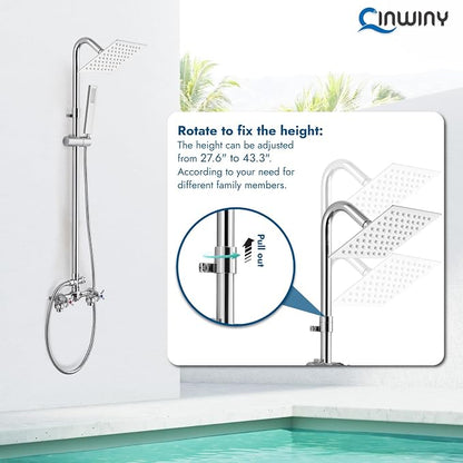 Wall Mounted Outdoor Shower Kit,Outdoor Shower Faucet,Polish Chrome | 6-Inch Square Rainfall Shower Head with Handheld Spray, Adjustable Slide Bar & Dual Function Design for Flexible Outdoor Use