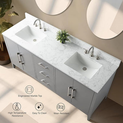 Vanity Art 72 inch Bathroom Vanity with Double Sink & Ceramic Top, Vanity Cabinet with Soft-Closing Doors, Drawers, Solid Wood Frame, Cashmere Gray, Matte Black Handware