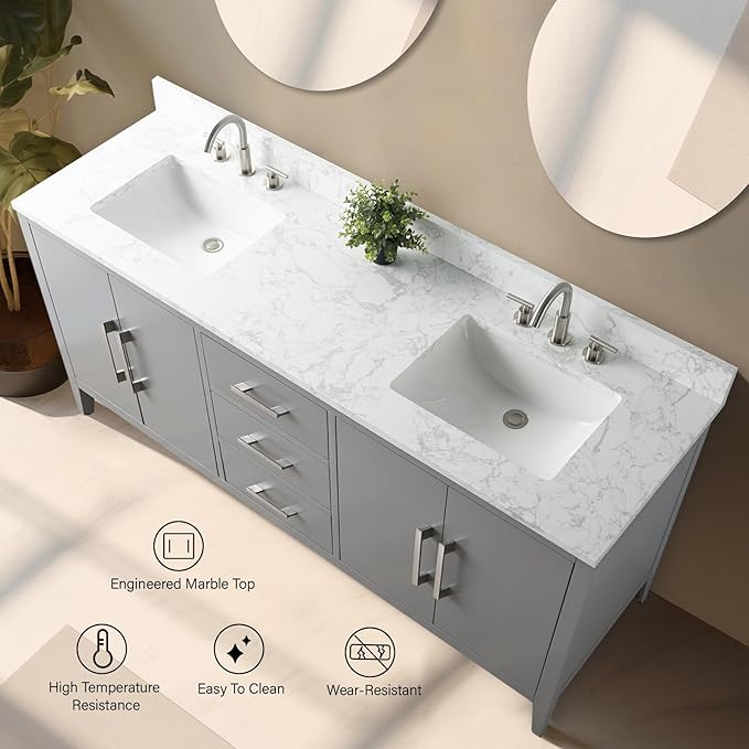 Vanity Art 72 inch Bathroom Vanity with Double Sink & Ceramic Top, Vanity Cabinet with Soft-Closing Doors, Drawers, Solid Wood Frame, Cashmere Gray, Brushed Nickle Handware