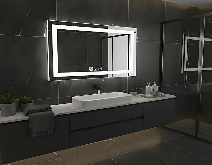 40 * 24inches Rectangle LED Mirror, Smart Bathroom Mirror with Lights, Anti-Fog, Tempered Glass, 3 Colors Dimmable, Front and Backlit, CRI 90+, Wall Mounted, Memory
