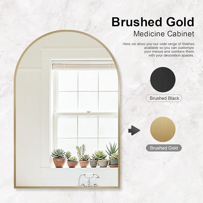 Recessed Medicine Cabinet for Bathroom,Brushed Gold Arched Medicine Cabinet with Mirror,Arch Mirrored Medicine Cabinets Recessed,Bathroom Mirror with Storage,Open from Left to Right 16x26