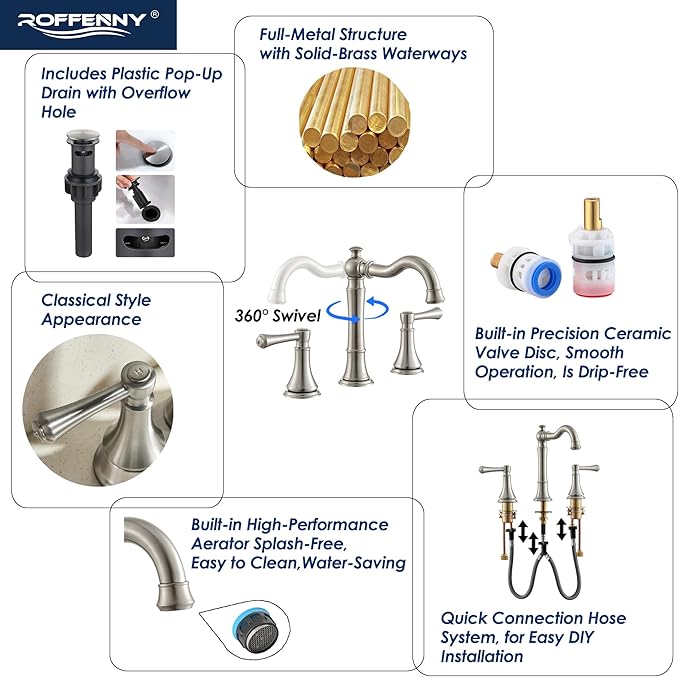 2-Handle Brushed Nickel Bathroom Faucet 8 inch Widespread for 3 Holes with Plastic Pop-Up Drain, Classic Bathroom/Lavatory/Vanity Sink Faucets, High Arc 360° Swivel Brass Spout