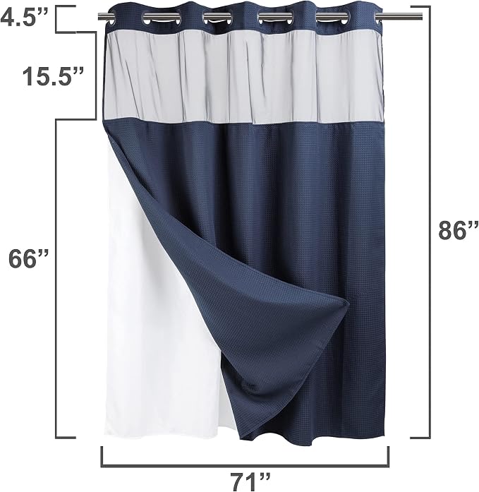 River Dream Heavyweight Waffle No Hook Shower Curtain with Liner,Navy,71x86 | Dotted Waffle,Snap-in Liner,Heavy Duty,Quick Dry,Mesh Top Window,With Bottom Magnets,Hotel-Grade,Washable,Extra Long Size
