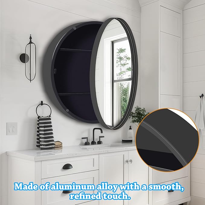 24 x 24 Inch Round Medicine Cabinet with Mirror, Surface Mount Only, Black Metal Frame Bathroom Mirror Cabinet, Modern Shatterproof Vanity Mirror with Storage