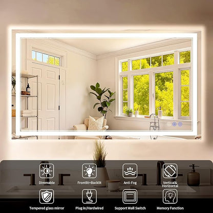 30"x55" LED Bathroom Mirror with Lights, Anti-Fog, Backlit + Front Lit, Dimmable, Led Vanity Mirror for Wall, Lighted Bathroom Mirror, 3 Colors, Shatter-Proof Tempered Glass