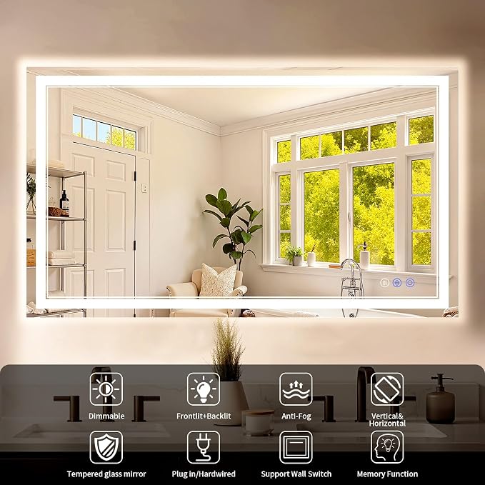 30"x50" LED Bathroom Mirror with Lights, Anti-Fog, Backlit + Front Lit, Dimmable, Led Vanity Mirror for Wall, Lighted Bathroom Mirror, 3 Colors, Shatter-Proof Tempered Glass