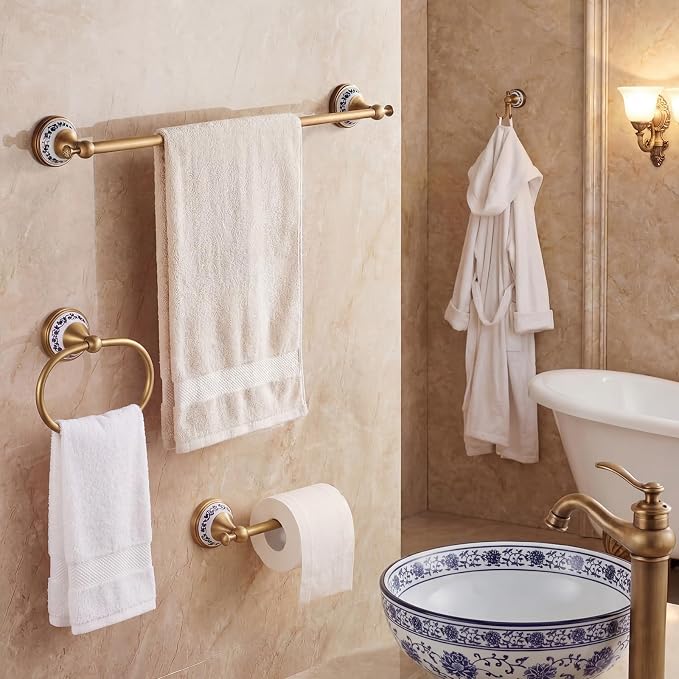 4 Pcs Antique Brass Gold & Porcelain Bathroom Accessories Set, Wall-Mounted Towel Rack & Towel Ring & Toilet Paper Holder & Robe Hook, Vintage Chinese Style Brass Bath Hardware Fixture Set
