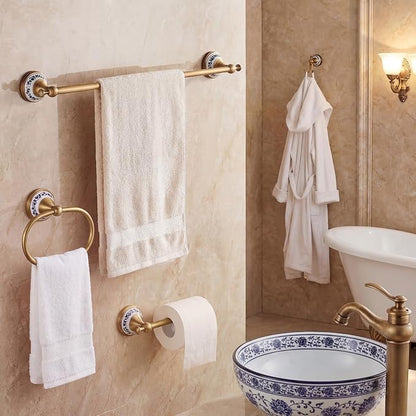 4 Pcs Antique Brass Gold & Porcelain Bathroom Accessories Set, Wall-Mounted Towel Rack & Towel Ring & Toilet Paper Holder & Robe Hook, Vintage Chinese Style Brass Bath Hardware Fixture Set