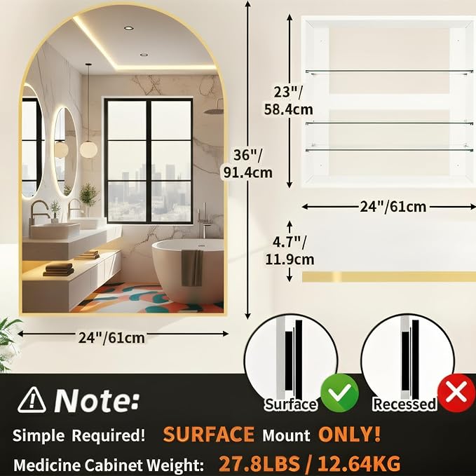FKWin Large Medicine Cabinet Mirror for Luxury Bathrooms, Wall Mount | Large Bathroom Mirror with Storage, Elegant Bathroom Style, Adjustable Shelves, Reversible Door, Bathroom Upgrade,Gold