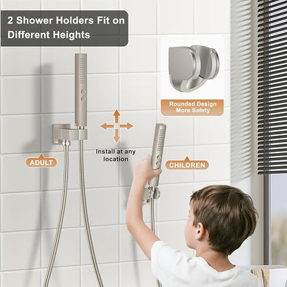 Rain Shower System 12" & 6" Dual Shower Heads Ceiling Shower Faucet Set | Ideal for bathroom remodels and upgrades with 12" rain shower, 6" angled shower, handheld spray and complete valve kit.