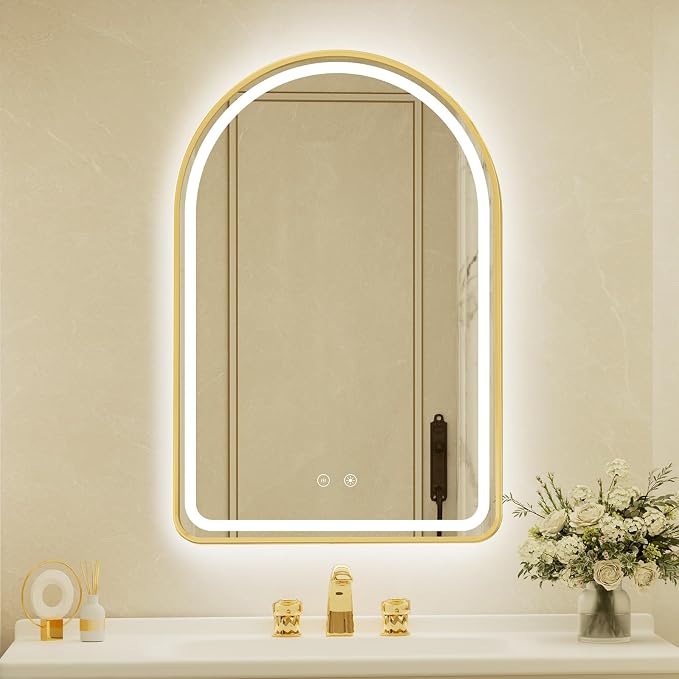 26x40 Inch Arched Gold Aluminum Frame LED Bathroom Mirror with Lights, Lighted Vanity Mirror for Wall,Tempered Glass,Anti-Fog, Stepless Dimmable, 3 Color Temperature Vanity Mirror