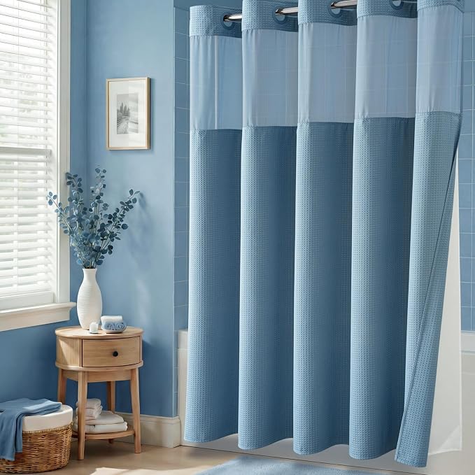 Moonlight Blue Hook Free Waffle Shower Curtain & Snap Liner,72x75 | Less Time to install, 3 in 1 Fabric Shower Curtain and Liner Set with Magnets, Mesh Top Window, Shower Curtains for Bathroom