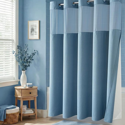 Moonlight Blue Hook Free Waffle Shower Curtain & Snap Liner,72x87 | Less Time to install, 3 in 1 Fabric Shower Curtain and Liner Set with Magnets, Extra Long, Shower Curtains for Bathroom