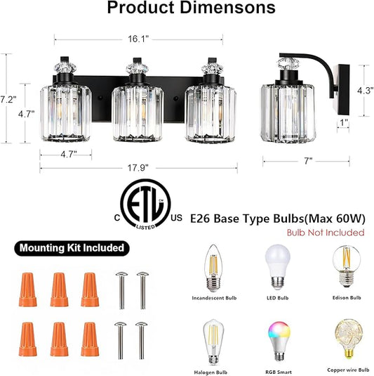 Black Bathroom Light Fixtures with K9 Crystal Lampshade Bathroom Lighting Over Mirror Vanity Lights for Living Room,Bedroom,Restroom,Hallway 3 Lights