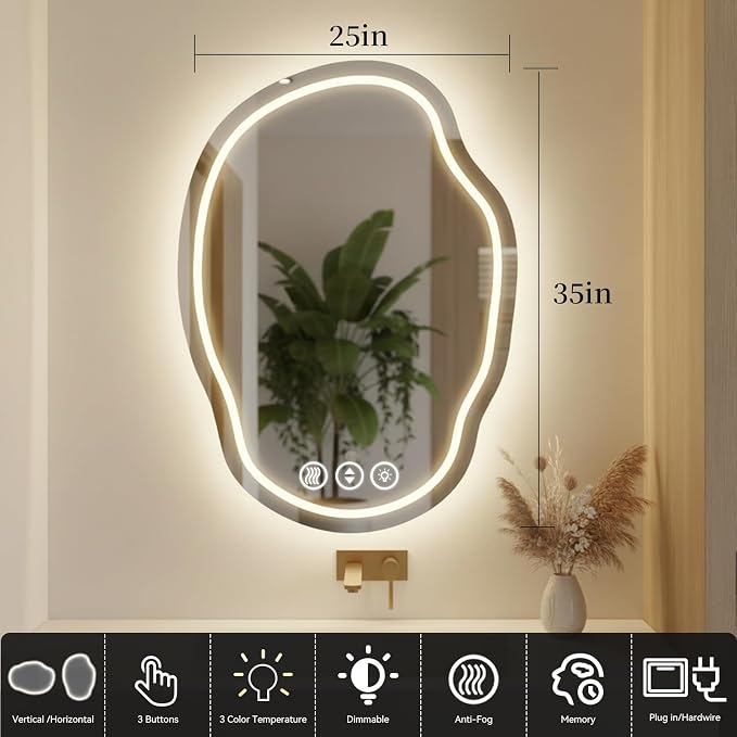 Irregular Wall Mirror 25 x 35 Inch, Lighted Mirrors for Bathroom Wall, Asymmetrical LED Mirror for Bathroom with Anit-Fog, Dimmable, Memory Function (Horizontal/Vertical)