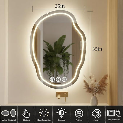 Irregular Wall Mirror 25 x 35 Inch, Lighted Mirrors for Bathroom Wall, Asymmetrical LED Mirror for Bathroom with Anit-Fog, Dimmable, Memory Function (Horizontal/Vertical)