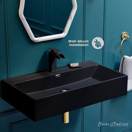 Swiss Madison Claire 30” Rectangle Wall-Mount Bathroom Sink in Matte Black