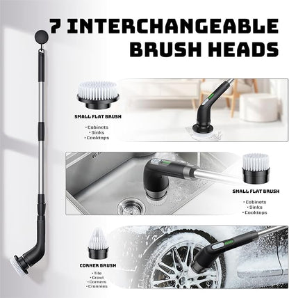 Electric Spin Scrubber, 2-Speed Cleaning Brush, Extendable Handle (Black) | Includes 7 reusable brush heads and an IPX7-rated design for cleaning bathrooms, showers, kitchens, tile, floors, and grout