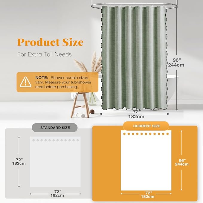 BTTN 72x96 Shower Curtain, Extra Long Scalloped Linen Textured Cute Heavy Duty Shower Curtain Set with Hooks, Tall Neutral Modern Luxury Waterproof Fabric Shower Curtains for Bathroom - Sage Green