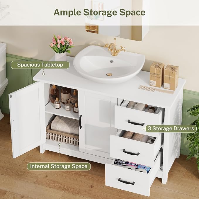 TEENFON Pedestal Sink Storage Cabinet with 2 Doors & 3 Drawers, Bathroom Sink Cabinet, Under Sink Cabinet with U-Shape Cut-Out, White
