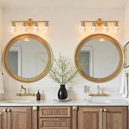 4-Light Bathroom Vanity Light, Brushed Gold Bathroom Light Fixtures Over Mirror with Stripe Glass, Modern Wall Lamp, Wall Sconces Lighting for Living Room Bedroom Kitchen Hallway