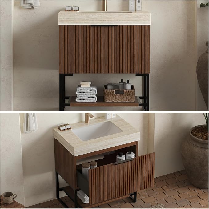 30" Freestanding Bathroom Vanity with Sink, Bathroom Vanity with Sintered Stone Top & Undermount Ceramic Basin, Pre-Assembled Striped Bathroom Storage Cabinet with Drawer & Open Shelf, Walnut