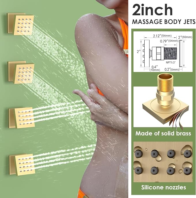 Enga Brushed Gold Rain Shower System with 4 Body Shower Jets 12inch Wall Mount Rainfall Shower Head & Handheld, Multi Shower Head System Rain Shower Faucets sets Combo with Rough-in Valve