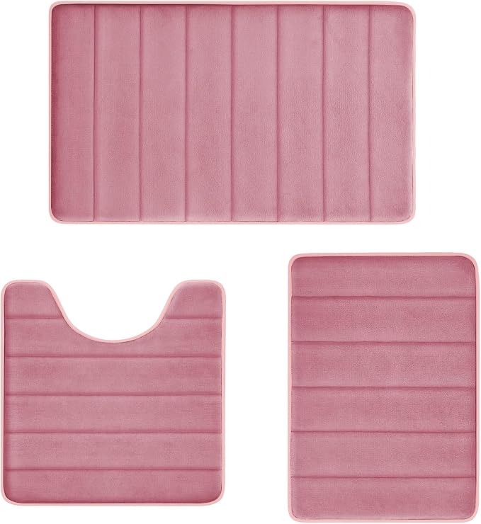 Pink Memory Foam Bath Mat Set, Bathroom Rugs for 3 Pieces, Toilet Mats, Soft Comfortable, Water Absorption, Non-Slip, Thick, Machine Washable, Easier to Dry for Floor Mats Pink Bathroom Sets