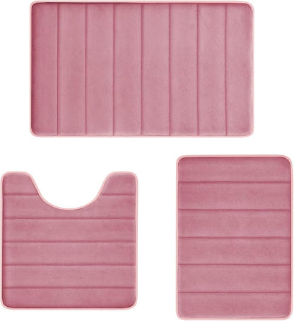 Pink Memory Foam Bath Mat Set, Bathroom Rugs for 3 Pieces, Toilet Mats, Soft Comfortable, Water Absorption, Non-Slip, Thick, Machine Washable, Easier to Dry for Floor Mats Pink Bathroom Sets