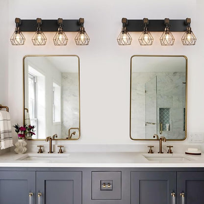 VbiTmn Black Gold Bathroom Light Fixtures, 4-Light Farmhouse Vanity Light | Wood Vanity Lights, Rustic Wall Mount Over Mirror for Bedroom & Hallway, Easy to Install, Sturdy Build for Bathroom Use