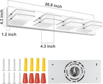 GOODATE 3 Color Temperature Dimmable Vanity Lights for Bathroom, LED Chrome 4 Light Vanity Light Fixtures, Acrylic Stainless Steel Square Shade Bathroom Light Fixtures Over Mirror, ETL Certificated