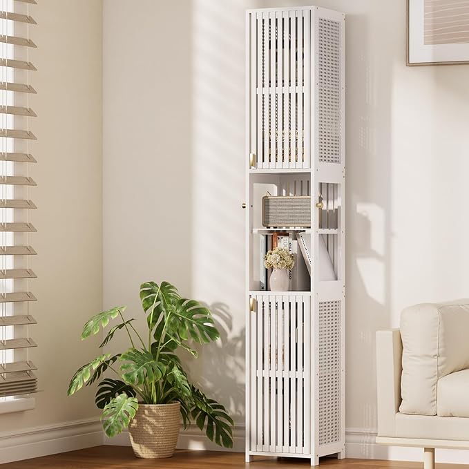Amazer 70'' Tall Bathroom Storage Cabinet Bamboo, Slim Storage Cabinet with Rattan Door and Adjustable Shelves, Narrow Freestanding Organizer for Living Room Kitchen, White