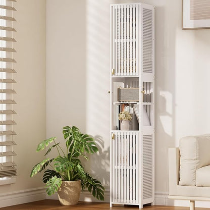 Amazer 70'' Tall Bathroom Storage Cabinet Bamboo, Slim Storage Cabinet with Rattan Door and Adjustable Shelves, Narrow Freestanding Organizer for Living Room Kitchen, White