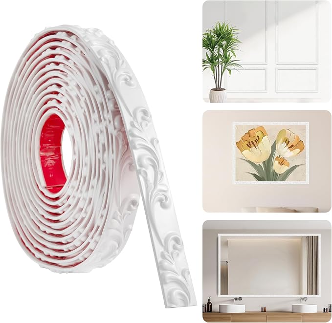 16.4FT x 1.02'' White Peel and Stick Crown Molding Trim – Flexible Decorative Mirror Frame Border, Self-Adhesive Molding for Bathroom Doors & Mirrors